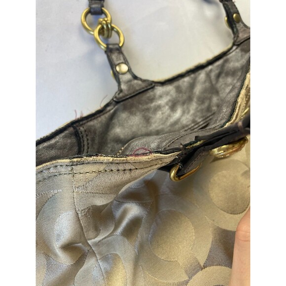 Coach Mia Op Art Signature Sateen Tote Shoulder Bag Gold Tan Womens - Picture 3 of 11